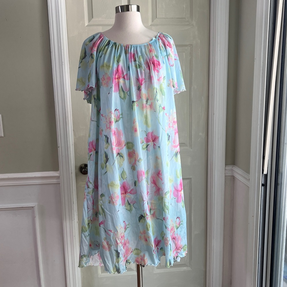 Shadowline Nightgown Large Womens Floral Blue 36143 Short Sleeve Sleep Dress NWT